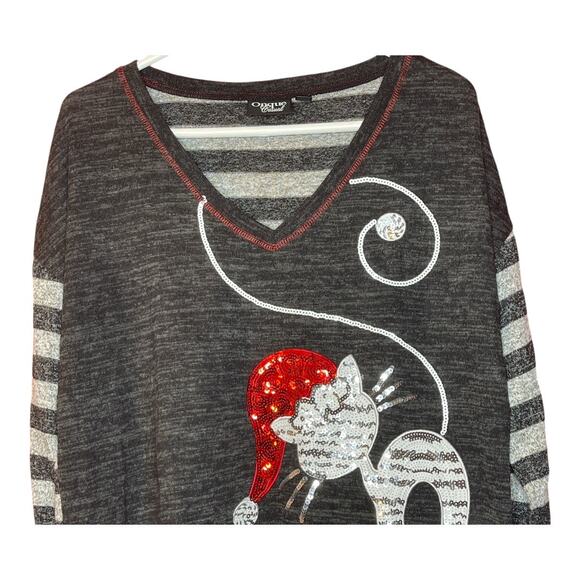 Onque Casual Sequin Christmas Cat Gray White Striped V-Neck Shirt Size XL - Picture 2 of 5